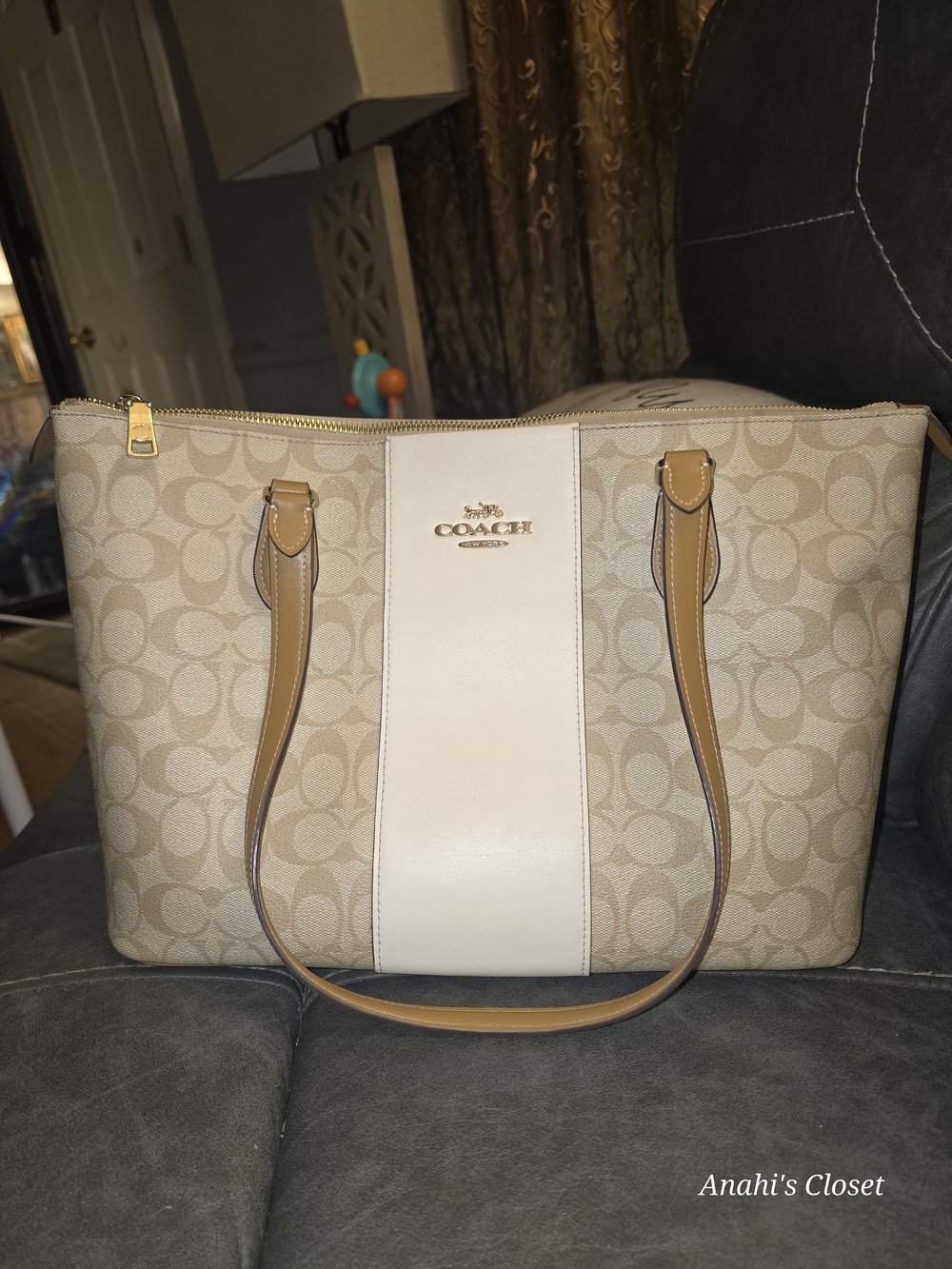 COACH Beige Signature Stripe Tote Bag